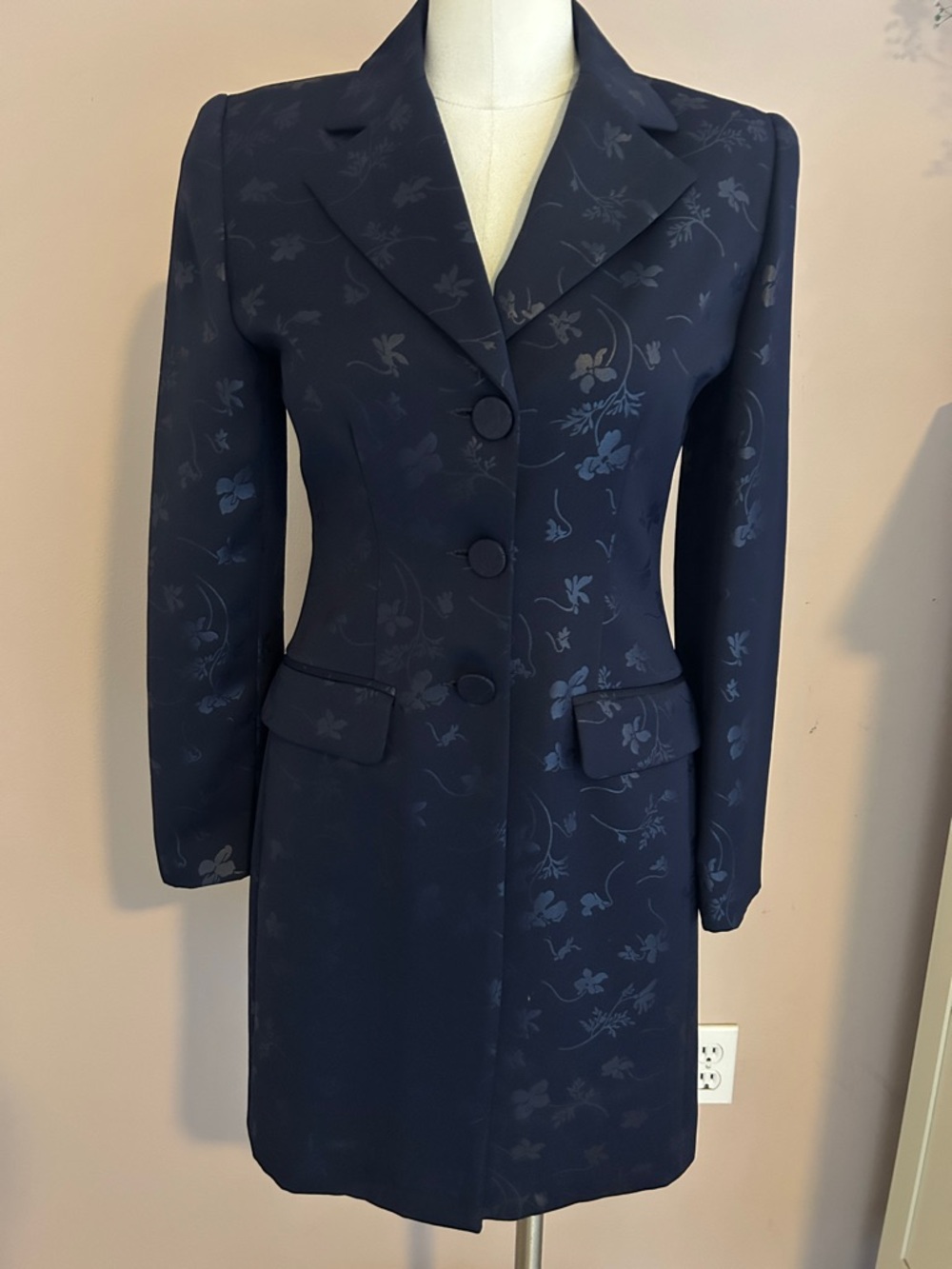 Vintage Navy Floral Long Blazer Coat - Women's Tailored Jacket jacquard size S